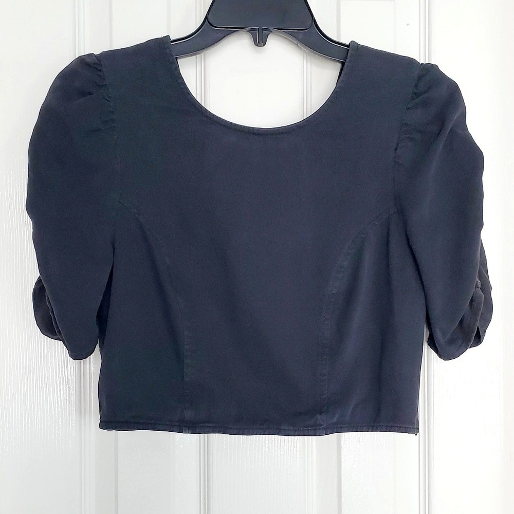 Lelis Collection Crop Top Charcoal Gray Puff Sleeve Open Back Tie Coastal Boho M
